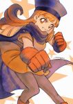  1girl alena_(dq4) blue_cape blue_headwear blunt_bangs cape clenched_hands commentary_request curly_hair dragon_quest dragon_quest_iv dress feet_out_of_frame fighting_stance gloves grin hair_behind_ear hat highres long_hair looking_at_viewer mouyi orange_dress orange_eyes orange_footwear orange_gloves orange_hair pantyhose parted_lips short_sleeves signature smile solo star_(symbol) white_background 
