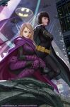  2girls aircraft animal_print artist_name bat_(animal) bat_print batgirl batman_(series) belt black_cape black_hair blue_eyes bodysuit building cape cassandra_cain dc_comics english_commentary fantasy gargoyle gloves helicopter highres in-hyuk_lee logo looking_at_viewer multiple_girls night official_art purple_cape purple_gloves science_fiction skin_tight skyscraper solo_focus stephanie_brown superhero too_many too_many_bats utility_belt western_comics_(style) 