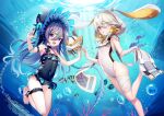  2girls :d animal animal_ears bandage_over_one_eye bandaged_arm bandaged_hand bandaged_leg bandages bare_shoulders black_one-piece_swimsuit blue_eyes character_request commentary_request coral covered_navel day fake_animal_ears fish frilled_one-piece_swimsuit frills grey_hair hair_over_one_eye heart heart-shaped_pupils highres hood hood_up multiple_girls one-piece_swimsuit outdoors rabbit_ears red_eyes smile sunlight swimsuit symbol-shaped_pupils tower_of_fantasy underwater water white_one-piece_swimsuit yan_(nicknikg) 