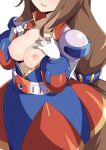  1girl breasts brown_hair cleavage gloves head_out_of_frame highres iris_(mega_man) large_breasts long_hair mega_man_(series) mega_man_x4 mega_man_x_(series) morisobo nipples paid_reward_available simple_background solo very_long_hair white_background white_gloves 