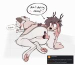 anal anal_fingering anthro antlers blush brown_body brown_fur canid canine canis checho deer dialogue duo feet fingering fingers fur hi_res hooved_fingers hooves horn lying male male/male mammal nude on_side pablo_(pcraxkers) pawpads pcraxkers sketch speech_bubble wolf 