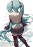  1girl aqua_hair ass back backless_outfit bare_shoulders black_skirt black_thighhighs detached_sleeves fajyobore feet_out_of_frame from_behind hair_ornament hatsune_miku highres long_hair long_sleeves pleated_skirt skirt sleeves_past_fingers sleeves_past_wrists solo thighhighs thighs twintails vocaloid 