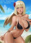  1girl ;) absurdres artist_name beach bikini bikini_tan black_bikini blonde_hair blue_sky bracelet breasts cleavage commentary commission contrapposto dark-skinned_female dark_skin day english_commentary eyeliner flower hair_flower hair_ornament highres hime_cut jewelry large_breasts lili_(tekken) lips lipstick long_hair makeup nail_polish navel necklace nose ocean one_eye_closed outdoors pearl_necklace ragecndy revision second-party_source shiny_skin side-tie_bikini_bottom sky smile solo sweat swimsuit tan tanlines tekken toned watermark 