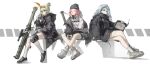  3girls absurdres bandaid bandaid_on_face bandaid_on_nose beanie black_jacket blonde_hair blue_hair closed_eyes computer countryman_(artist) field_ration full_body girls&#039;_frontline gloves grin hat headphones headphones_around_neck highres holding_laptop hood hood_down hooded_jacket hoodie jacket kettle knee_pads laptop long_hoodie looking_at_viewer mk_153_(girls&#039;_frontline) multiple_girls pink_hair rocket_launcher second-party_source shoes simple_background single_knee_pad smile sneakers socks tactical_clothes weapon white_background white_gloves woollen_cap 