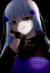  1girl black_background blue_hair commentary_request girls&#039;_frontline gloves green_eyes grin hair_ornament head_rest highres hk416_(girls&#039;_frontline) jacket long_hair looking_at_viewer onakasuita_xx simple_background smile solo teardrop_facial_mark upper_body 