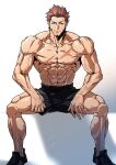 1boy abs bara black_shorts blue_eyes brown_hair bulge cross_scar facial_hair fate/grand_order fate_(series) goatee highres houjoh_(7th-heaven) invisible_chair long_sideburns looking_at_viewer male_focus mature_male muscular muscular_male napoleon_bonaparte_(fate) navel nipples pectorals scar scar_on_chest shoes short_hair shorts shredded_muscles sideburns sitting smirk smug solo stomach topless_male veins veiny_arms 