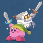  blue_background colored_skin gloves green_headwear highres holding holding_sword holding_weapon kirby kirby&#039;s_return_to_dream_land kirby_(series) magolor miclot no_humans pink_skin simple_background smile solid_oval_eyes sparkle sword torn_clothes weapon yellow_eyes 