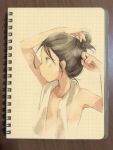  1boy adjusting_hair black_hair completely_nude green_eyes hekicha highres kabe_taijin male_focus nude paripi_koumei short_hair towel towel_around_neck traditional_media 