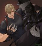 2boys bara black_coat black_gloves black_pants black_shirt brown_hair carrying carrying_person coat colored_skin dnajssk fingerless_gloves gloves grabbing grey_skin hat large_pectorals leon_s._kennedy long_coat looking_at_another male_focus mr._x_(resident_evil) multiple_boys muscular muscular_male pants pectoral_grab pectorals resident_evil resident_evil_2 resident_evil_2_(remake) shirt short_hair yaoi 