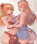  2girls absurdres ass blonde_hair bow breasts brown_hair cleavage covered_nipples garter_belt garter_straps granblue_fantasy hair_bow highres katalina_(granblue_fantasy) kuromoro large_breasts lingerie long_hair multiple_girls navel ponytail red_eyes see-through sideboob thighhighs thong two-tone_bow underwear vira_(granblue_fantasy) white_background yuri 