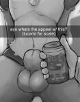  animal_genitalia anthro balls beverage_can close-up disembodied_hand disembodied_penis duo fully_sheathed generation_4_pokemon genitals greyscale hi_res lucario male male_focus monochrome nintendo nude penis pokemon pokemon_(species) sheath snapchat solo_focus text trmk2 