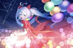  1girl :d absurdres ahoge animal_ears back_bow balloon blue_eyes blue_hair blurry blush bokeh bow bowtie cat_ears cat_tail cowboy_shot crescent_moon depth_of_field dress fake_animal_ears fake_tail fangs ferris_wheel floating_hair from_side hair_between_eyes hatsune_miku highres holding holding_balloon long_hair looking_at_viewer moon night nuko_0108 open_mouth outdoors project_sekai red_bow red_bowtie red_dress short_sleeves sidelocks smile solo star-shaped_pupils star_(sky) star_(symbol) symbol-shaped_pupils tail traditional_bowtie very_long_hair vocaloid wonderlands_x_showtime_miku 