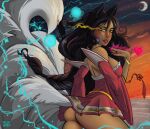  absurd_res ahri_(lol) albinion animal_humanoid anthro black_hair breasts butt canid canid_humanoid canine canine_humanoid clothing digital_media_(artwork) female fox fox_humanoid fur hair hi_res humanoid league_of_legends looking_at_viewer mammal mammal_humanoid multi_tail neco open_mouth riot_games smile solo tail 