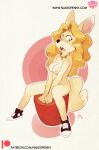  anthro blonde_hair breasts canid canine clothing collar collar_only edtropolis embarrassed female fennec footwear footwear_only fox hair hi_res mammal mostly_nude nude penny_fenmore shoes shoes_only sitting solo 