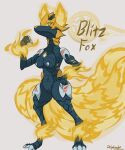  absurd_res alien anthro bakugan blitz_fox_(bakugan) blue_body blue_skin canid canine claws delphixander digitigrade female fire flaming_ears flaming_tail fox hi_res mammal silver_nipples solo tail yellow_eyes 