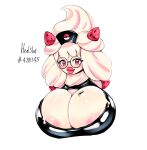  2023 alcremie anthro areola areola_slip barcode barcode_tattoo big_breasts bimbo_anthro bimbo_lip bimbovaporeon black_latex blush breast_implants breast_tattoo breasts cleavage cleavage_cutout cleavage_overflow clothed clothing english_text eyewear female food food_creature fruit generation_8_pokemon glasses glistening_rubber hat headgear headwear healslut hi_res huge_breasts latex latex_clothing latex_topwear lips looking_at_viewer nintendo nurse_clothing nurse_hat nurse_headwear pink_areola plant pokemon pokemon_(species) red_eyes rubber rubber_clothing simple_background solo strawberry tan_body tattoo text thick_lips wearing_glasses white_background 