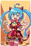  1girl absurdres ahoge animal_ears aqua_eyes aqua_hair blue_eyes blue_hair blush cat_ears claw_pose dress fang hair_between_eyes hair_ornament hatsune_miku highres long_hair looking_at_viewer one_eye_closed open_mouth pom_pom_(clothes) project_sekai red_dress simple_background smile solo striped striped_dress thighhighs twintails twitter_username very_long_hair vocaloid wonderlands_x_showtime_(project_sekai) wonderlands_x_showtime_miku zachu_(nyzt) zettai_ryouiki 