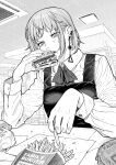 1girl absurdres bangs burger chainsaw_man dress ear_piercing earrings eating elbow_rest fami_(chainsaw_man) family_burger_(chainsaw_man) fast_food food food_on_face fourth_east_high_school_uniform french_fries greyscale highres holding holding_food jewelry kanazawa_shinnosuke looking_at_object mole mole_under_eye mole_under_mouth monochrome multiple_moles neck_ribbon piercing pinafore_dress ribbon ringed_eyes school_uniform short_hair solo tassel tassel_earrings 