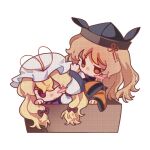  2girls black_headwear blonde_hair bow box chibi closed_mouth commentary frown hair_bow hat in_box in_container long_hair long_sleeves matara_okina mob_cap multiple_girls no_sclera one_eye_closed orange_eyes purple_eyes red_bow simple_background single_blush_sticker touhou white_background white_headwear xiao_ganju_nailuo yakumo_yukari 