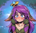  1girl animal_ears backlighting bare_shoulders blue_eyes blush breasts collarbone flower green_background hair_flower hair_ornament horse_ears league_of_legends lillia_(league_of_legends) long_hair outdoors phantom_ix_row pink_hair small_breasts solo tree wavy_mouth yellow_flower 