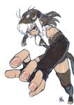  1girl animal_ears antenna_hair arms_up bare_shoulders brown_eyes brown_gloves brown_hair brown_thighhighs closed_mouth elbow_gloves extra_ears eyelashes fingerless_gloves fingernails floating_hair foreshortening front_zipper_swimsuit full_body giant_otter_(kemono_friends) gloves kemono_friends kishida_shiki long_hair looking_at_viewer meme_attire multicolored_hair one-piece_swimsuit otter_ears otter_girl otter_tail signature simple_background solo swimsuit tail tan thighhighs toeless_legwear toned turtleneck turtleneck_swimsuit two-tone_hair two-tone_swimsuit v-shaped_eyebrows white_background white_hair zipper zipper_pull_tab 