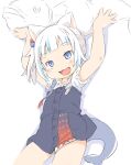  1girl :d animal animal_ears arms_up blue_dress blue_hair buttons cat_ears cube_hair_ornament dress fang female_child fins fish fish_tail flat_chest gawr_gura hair_ornament ham_(points) holding holding_animal holding_fish hololive hololive_english legs_apart light_blue_hair multicolored_hair open_mouth pinafore_dress shark_tail short_dress short_hair short_sleeves side_ponytail simple_background skin_fang smile solo standing streaked_hair tail two-tone_hair white_background white_hair 