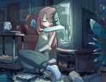  2girls brown_hair carles_dalmau closed_eyes couch cup highres hug indoors long_hair multiple_girls plant potted_plant sitting sleeping smile television videocassette 