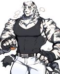  1boy animal_ears arknights bara black_tank_top cup drinking_glass facial_hair furry furry_male goatee graysheartart hand_on_own_hip highres large_pectorals male_focus mountain_(arknights) muscular muscular_male pectoral_cleavage pectorals scar scar_across_eye scar_on_arm short_hair sidepec sketch smile solo talking tank_top thick_eyebrows thick_thighs thighs tiger_boy tiger_ears white_hair wine_glass 