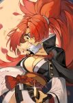  1girl absurdres alwaysregg baiken big_hair black_jacket black_kimono breasts cleavage eyepatch facial_tattoo guilty_gear guilty_gear_xrd highres jacket jacket_on_shoulders japanese_clothes kataginu katana kimono large_breasts long_hair multicolored_clothes multicolored_kimono one-eyed open_clothes open_kimono petals ponytail red_eyes red_hair samurai scar scar_across_eye scar_on_face sword tattoo torn_sleeve weapon 