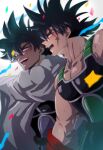  2boys anamogu_(kuro771017) armor bara bardock black_hair cape chest_armor confetti dark-skinned_male dark_skin dragon_ball dragon_ball_z highres large_pectorals looking_at_another male_focus multiple_boys muscular muscular_male open_mouth pectorals saiyan_armor scar scar_on_cheek scar_on_face short_hair smile spiked_hair tullece white_cape yaoi 