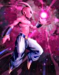  1boy absurdres antennae black_sclera colored_sclera colored_skin commentary dragon_ball dragon_ball_z energy_ball frown full_body highres kid_buu majin_buu male_focus navel pants pink_skin profile red_eyes sasisage solo topless_male white_pants 