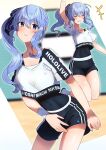  1girl absurdres arm_up black_shorts black_undershirt blue_eyes blue_hair blue_ribbon blush breasts character_name copyright_name cropped_shirt cruzango0510 hair_ribbon highres hololive hololive_dance_practice_uniform hoshimachi_suisei long_hair official_alternate_costume ribbon shirt short_shorts shorts side_ponytail sidelocks small_breasts smile star_(symbol) star_in_eye symbol_in_eye virtual_youtuber white_shirt 