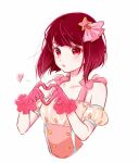  1girl ageham28 arima_kana dress gloves hair_ornament hairpin heart heart_hands highres idol idol_clothes open_mouth oshi_no_ko pink_dress pink_gloves red_eyes red_hair short_hair solo unhappy 