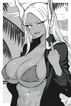  1girl abs animal_ears beach bikini black_jacket blush boku_no_hero_academia breasts cleavage collarbone covered_nipples dark-skinned_female dark_skin fanbox_username greyscale guchapin hand_up highres jacket large_breasts long_eyelashes long_hair looking_at_viewer micro_bikini middle_finger mirko monochrome navel open_mouth patreon_username rabbit_ears rabbit_girl smile solo stomach swimsuit teeth toned upper_body upper_teeth_only very_long_hair white_hair 