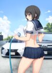  1girl :o aoyama_sumika back black_hair blue_sailor_collar blue_skirt blue_sky blush breasts brown_eyes car coffee-kizoku cowboy_shot crop_top day fate_(series) highres holding holding_hose hose microskirt motor_vehicle open_mouth original outdoors pleated_skirt sailor_collar shirt short_hair skirt sky small_breasts solo water white_shirt 