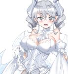  1girl :d armor armored_dress bare_shoulders breasts detached_collar dress duel_monster fang gloves grey_eyes grey_hair highres lady_labrynth_of_the_silver_castle large_breasts lovely_labrynth_of_the_silver_castle momio open_mouth pointy_ears simple_background slit_pupils smile solo white_background white_dress white_gloves yu-gi-oh! 