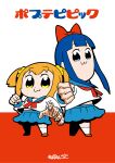 2girls :3 ascot bkub_(style) blue_eyes blue_hair blue_skirt bow clenched_hand copyright_name dot_nose hair_bow hair_ornament hair_scrunchie highres lessteaw long_hair long_sleeves midriff_peek multiple_girls official_style orange_hair pipimi poptepipic popuko reaching reaching_towards_viewer red_ascot red_bow school_uniform scrunchie serafuku shirt short_twintails skirt socks twintails two-tone_background white_shirt white_socks yellow_eyes yellow_scrunchie 