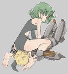  1boy 1girl :t absurdres ass barefoot black_dress blonde_hair blush commentary curly_hair cyborg dress english_commentary full_body genos green_eyes green_hair grey_background highres leg_grab looking_at_another looking_down mechanical_arms mechanical_legs one-punch_man outline pantsu-ripper pout seiza side_slit simple_background sitting sitting_on_face sketch soles straddling tatsumaki thighs toes torn_clothes v-shaped_eyebrows white_outline 