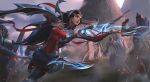  1girl absurdres armor black_hair blue_eyes breasts cloud cloudy_sky day extra fighting_stance floating floating_object floating_sword floating_weapon hair_ornament highres irelia knight league_of_legends long_hair outdoors parted_lips qi_mang_(qimang) shoulder_armor sky sword very_long_hair weapon 