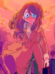  1girl adventure_time adventure_time:_fionna_and_cake betty_grof briefcase brown_coat bus_stop closed_mouth coat glasses highres holding holding_briefcase light_frown long_hair orange_sky petpetschale47 pov red_hair sky solo solo_focus sunset sweater trench_coat 