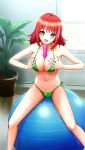 1girl bare_arms bare_legs bikini breasts breasts_squeezed_together cleavage doukyuusei_another_world game_cg green_bikini grey_eyes halterneck indoors kakyuusei large_breasts long_hair looking_at_viewer navel open_mouth red_hair sex_toy side-tie_bikini_bottom sideboob sitting solo straight_hair swimsuit tachibana_mayumi 