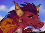  activision ambiguous_species anthro blue_eyes cloud cutout dialogue dragon duo ember_(spyro) female feral happy hi_res horn julis-rocks male male/female open_mouth orange_body orange_eyes pink_body sharpiethedergun signature sky smiling_at_each_other speech_bubble spyro_the_dragon stripes talking_to_another wings 