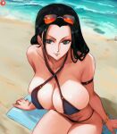  1girl arm_support armlet bikini black_hair bracelet breasts cleavage criss-cross_halter from_above hair_slicked_back halterneck highres huge_breasts jewelry lady_shin long_hair nico_robin one_piece outdoors sand shore sitting solo sunglasses swimsuit water 