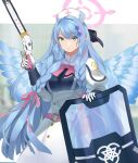  1girl absurdres angel_wings blue_archive blue_hair bow bowtie breasts gloves gun hair_ornament halo hat highres holding holding_gun holding_weapon lever_action long_hair mine_(blue_archive) noix nurse_cap pink_bow pink_bowtie pointy_ears pump_action riot_shield shield shotgun simple_background weapon winchester_model_1897 wings 