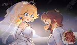  absurdres blonde_hair blue_eyes blush bouquet bridal_veil brown_hair dress earrings elbow_gloves facial_hair flower formal gloves gradient_eyes hanaon highres jewelry lips long_hair mario mario_(series) multicolored_eyes mustache open_mouth ponytail princess_peach red_flower red_rose rose short_hair smile suit super_mario_odyssey tiara veil wedding_dress white_dress white_gloves white_suit yellow_eyes 