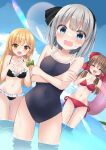  3girls absurdres bikini black_bikini blonde_hair blue_eyes blue_one-piece_swimsuit bow braid breasts brown_hair closed_eyes cloud cloudy_sky commentary grey_hair hair_bow hair_tubes hakurei_reimu highres kirisame_marisa konpaku_youmu laughing long_hair medium_hair multiple_girls one-piece_swimsuit open_mouth red_bikini school_swimsuit shishiky side_braid sky small_breasts swimsuit touhou wading yellow_eyes 