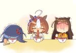  3girls ahoge blue_hair blue_ribbon brown_hair casual chopsticks clenched_hand closed_eyes commentary dark_blue_hair domino_mask drooling ear_ribbon ear_scrunchie eating el_condor_pasa_(umamusume) flying_sweatdrops food hair_between_eyes hair_flaps hairband head_on_table highres hishi_amazon_(umamusume) holding holding_chopsticks horse_girl huge_ahoge looking_up mask meisho_doto_(umamusume) multicolored_hair multiple_girls noodles official_alternate_costume open_mouth pink_hairband ramen ribbed_sweater ribbon short_sleeves spicy spring_onion sweat sweater trembling two-tone_hair umamusume unko_tonjiru upper_body white_hair white_sweater 