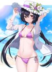  1girl beach bikini black_hair blue_sky breasts character_name chinese_commentary cloud commentary_request counter:side flower hat hat_flower highres horizon jacket lily_(counter:side) long_hair low_twintails neko_huan ocean open_clothes open_jacket purple_bikini red_eyes side-tie_bikini_bottom sky small_breasts solo striped striped_bikini swimsuit twintails water_drop white_headwear white_jacket 
