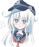  1girl anchor_symbol black_sailor_collar blue_hair flat_cap grey_eyes hat hibiki_(kancolle) kantai_collection light_blue_hair long_hair looking_at_viewer motohara_moka neckerchief red_neckerchief sailor_collar school_uniform serafuku simple_background solo white_background 