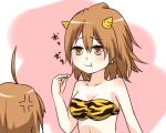  2girls age_difference ahoge anger_vein animal_print bare_arms bare_shoulders bikini breasts brown_eyes brown_hair cleavage closed_mouth commentary_request cosplay hair_between_eyes hand_up height_difference holding i.u.y last_order_(toaru_majutsu_no_index) light_blush looking_at_another lum lum_(cosplay) medium_breasts medium_hair misaka_worst multiple_girls pink_background power_connection siblings sisters swimsuit tiger_print toaru_majutsu_no_index translation_request upper_body urusei_yatsura yellow_horns 